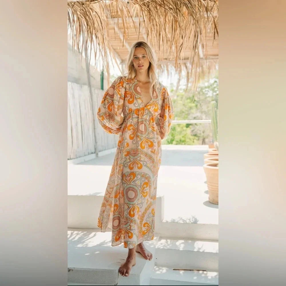 Sundress EVA LONG DRESS LINEN HAVANA AQUARELLE